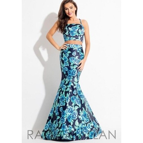 Rachel Allan 7587 Blue Floral 2 Piece Maxi Mermaid Gown Prom Formal Dress Size 4